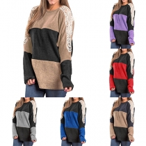 Fashion Lace Spliced Long Sleeve Round Neck Contrast Color T-shirt