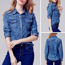 Fashion Long Sleeve POLO Collar Single-breasted Denim Shirt 