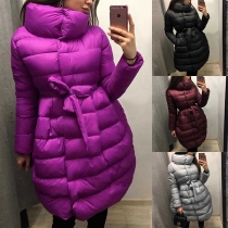 Fashion Solid Color Long Sleeve Stand Collar Padded Coat with Waist Strap