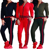Fashion Long Sleeve Stand Collar Sweatshirt Coat + Sports Pants Two-piece Set