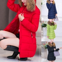 Fashion Solid Color Faux Fur Spliced Hooded Slim Fit Padded Coat
