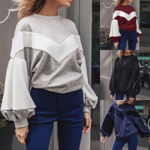 Fashion Contrast Color Lantern Sleeve Round Neck Sweatshirt
