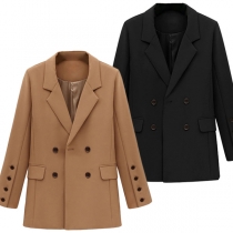 OL Style Solid Color Long Sleeve Double-breasted Blazer Coat