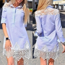 Fashion Lace Spliced Long Sleeve POLO Collar Striped Shirt Dress