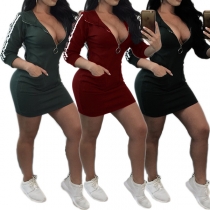 Sexy V-neck Long Sleeve Hooded Slim Fit Sports Dress