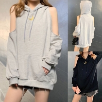 Stilfull off-shoulder långärmad enfärgad hoodie i lös passform