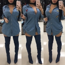 Fashion Long Sleeve POLO Collar Single-breasted Denim Shirt Dress