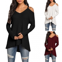 Sexy Off-shoulder Long Sleeve V-neck High-low Hem Solid Color T-shirt