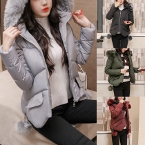 Fashion Solid Color Faux Fur Spliced Hooded Irregular Hem Padded Coat 
