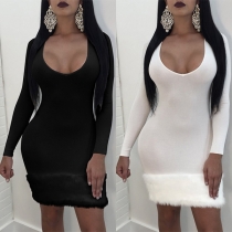 Sexy Low-cut Round Neck Long Sleeve Faux Fur Spliced Hem Tight Dress