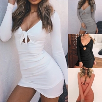 Sexy Deep V-neck Long Sleeve Solid Color Tight Dress