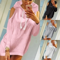 Sexy Off-shoulder Long Sleeve Solid Color Hooded Sweatshirt Dress