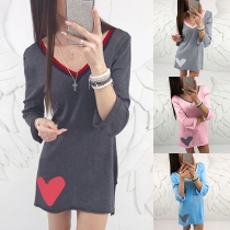 Sexy Backless V-neck Long Sleeve Contrast Color Dress
