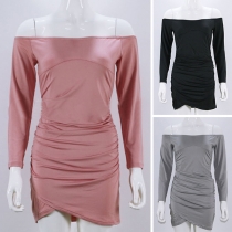 Sexy Off-shoulder Boat Neck Long Sleeve Solid Color Dress