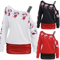 Sexy Oblique Shoulder Long Sleeve Santa Claus Printed Dress