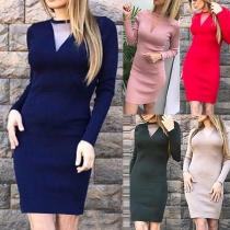 Sexy See-through Gauze Spliced Round Neck Long Sleeve Knit Dress