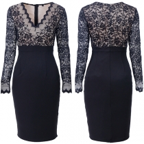 Sexy V-neck Lace Spliced Long Sleeve High Waist Slim Fit Dress