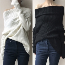 Sexy Off-shoulder Boat Neck Long Sleeve Solid Color Sweater