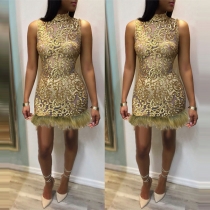 Sexy Sleeveless Mock Neck Faux Fur Spliced Hem Sequin Tight Dress