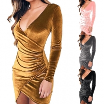 Sexy Deep V-neck Long Sleeve Irregular Hem Tight Dress