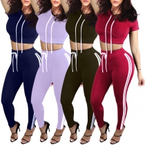 Sexy Short Sleeve Hooded Crop Top + High Waist Sports Pants Two-piece Set 