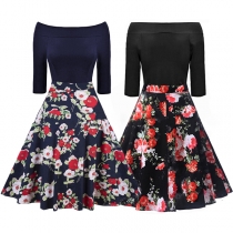 Retro Boat-neck Spliced Printed Ruffle Hemline Dress 
