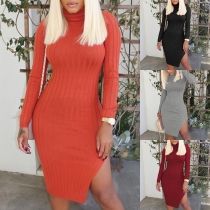 Fashion Solid Color Long Sleeve High Neck Slit Hem Tight Dress