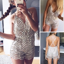Sexy Backless Sling Slim Fit Paillette Short Jumpsuit 