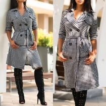 Fashion Lapel Short Sleeve Double-breasted Two Side Pockets with Waistband Plaid Coat 
