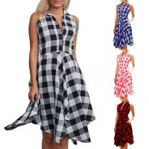 Sexy Lapel Sleeveless Front Buttons Irregular Ruffle Hemline Plaid Dress