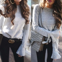 Fashion Solid Color Trumpet Sleeve Round Neck Knit Top