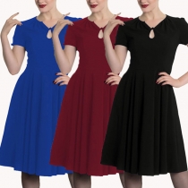 Elegant Solid Color Short Sleeve V-neck High Waist Dress