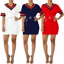 Fashion Short Sleeve Short Sleeve V-neck Dress with Waistband