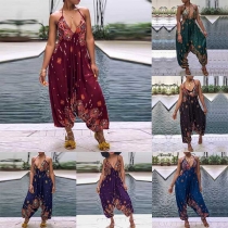 Sexy Backless V-neck Printed Halter Jumpsuit