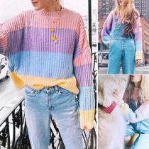 Fashion Contrast Color Long Sleeve Round Neck Loose Sweater
