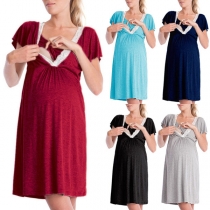Fashion Lace Spliced V-neck Short Sleeve Breastfeeding Maternity Dress