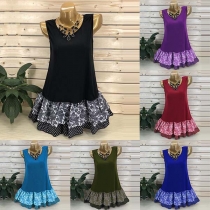 Fashion Printed Spliced Ruffle Hem Sleeveless Round Neck Top