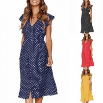 Fashion Lotus Sleeve V-neck Single-breasted Dots Printed Dress