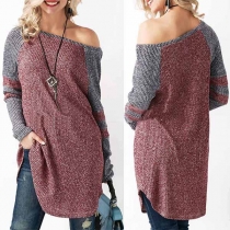 Fashion Contrast Color Long Sleeve Boat Neck Knit Dress