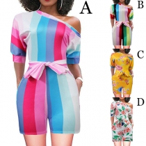 Sexy Oblique Shoulder Short Sleeve Slim Fit Printed Romper