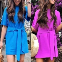 Fashion Solid Color Half Sleeve Round Neck Lace-up Dress
