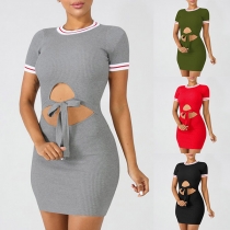 Sexy Hollow Out High Waist Short Sleeve Round Neck Tight Dress