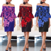 Sexy Off-shoulder Boat Neck Trumpet Sleeve Printed Dress