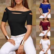 Sexy off-shoulder Boat Neck Short Sleeve Solid Color T-shirt