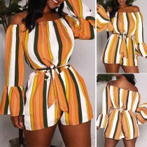 Sexy Off-shoulder Boat Neck Trumpet Sleeve Striped Romper 