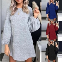 Fashion Solid Color Long Sleeve Round Neck Knit Dress