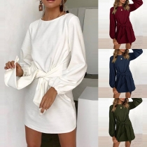 Fashion Solid Color Long Sleeve Round Neck Lace-up Dress