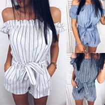 Sexy Off-shoulder Boat Neck Short Sleeve Striped Romper