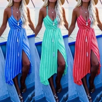 Sexy Backless V-neck Slit Hem Sling Striped Dress