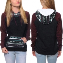 Fashion Contrast Color Long Sleeve Printed Pattern Hooded Sweatshirt 